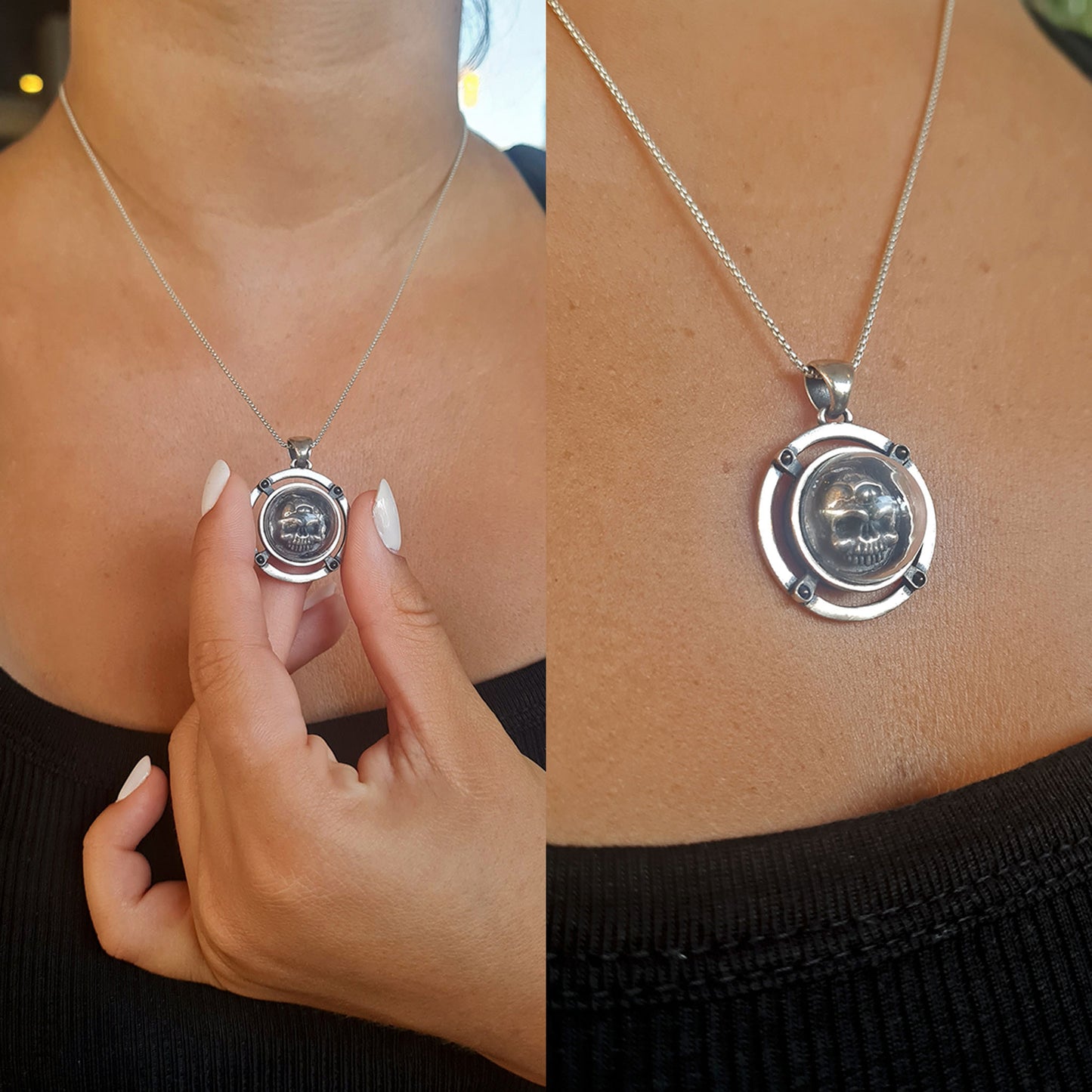 Split image of a female model wearing the RBZ Jewelry sterling silver Third-eye Skull pendant, showing a close-up of the glass-domed anatomical skull resting on the chest and a scale view of the pendant being held.