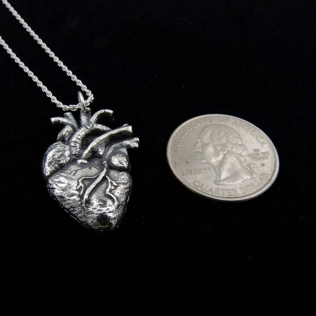 Sterling silver anatomical heart pendant by RBZ Jewelry shown next to a US quarter dollar coin for scale comparison, highlighting the intricate biological details and high-contrast oxidized finish against a black background.