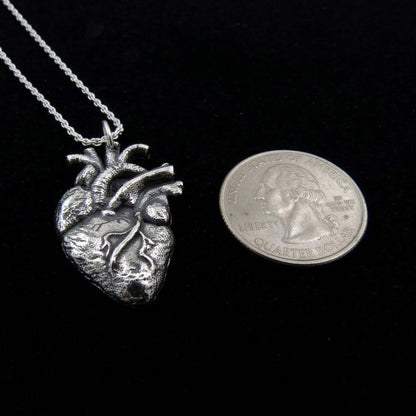 Sterling silver anatomical heart pendant by RBZ Jewelry shown next to a US quarter dollar coin for scale comparison, highlighting the intricate biological details and high-contrast oxidized finish against a black background.