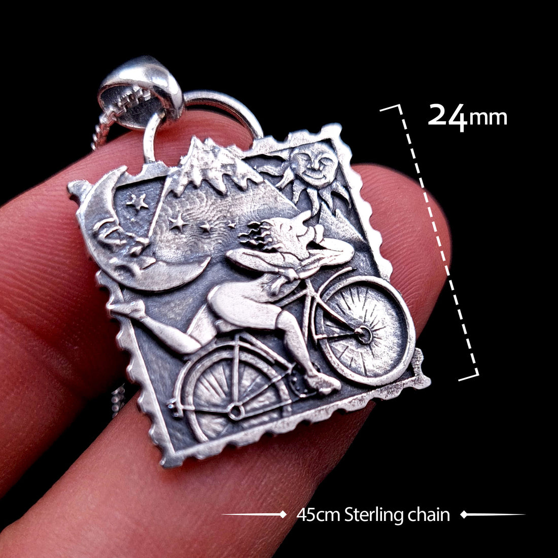 Technical dimensions of the Dr. Hofmann pendant: Approx 24mm width and 24mm height. Sterling silver LSD blotter art