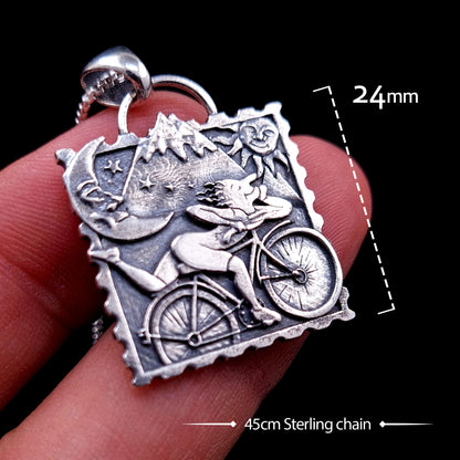 Technical dimensions of the Dr. Hofmann pendant: Approx 24mm width and 24mm height. Sterling silver LSD blotter art