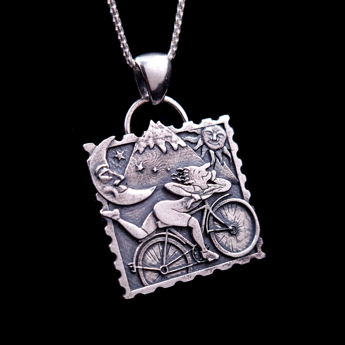Dr. Albert Hofmann Bicycle Day blotter art pendant in sterling silver, inspired by the original acid (LSD) graphic by RBZ Jewelry