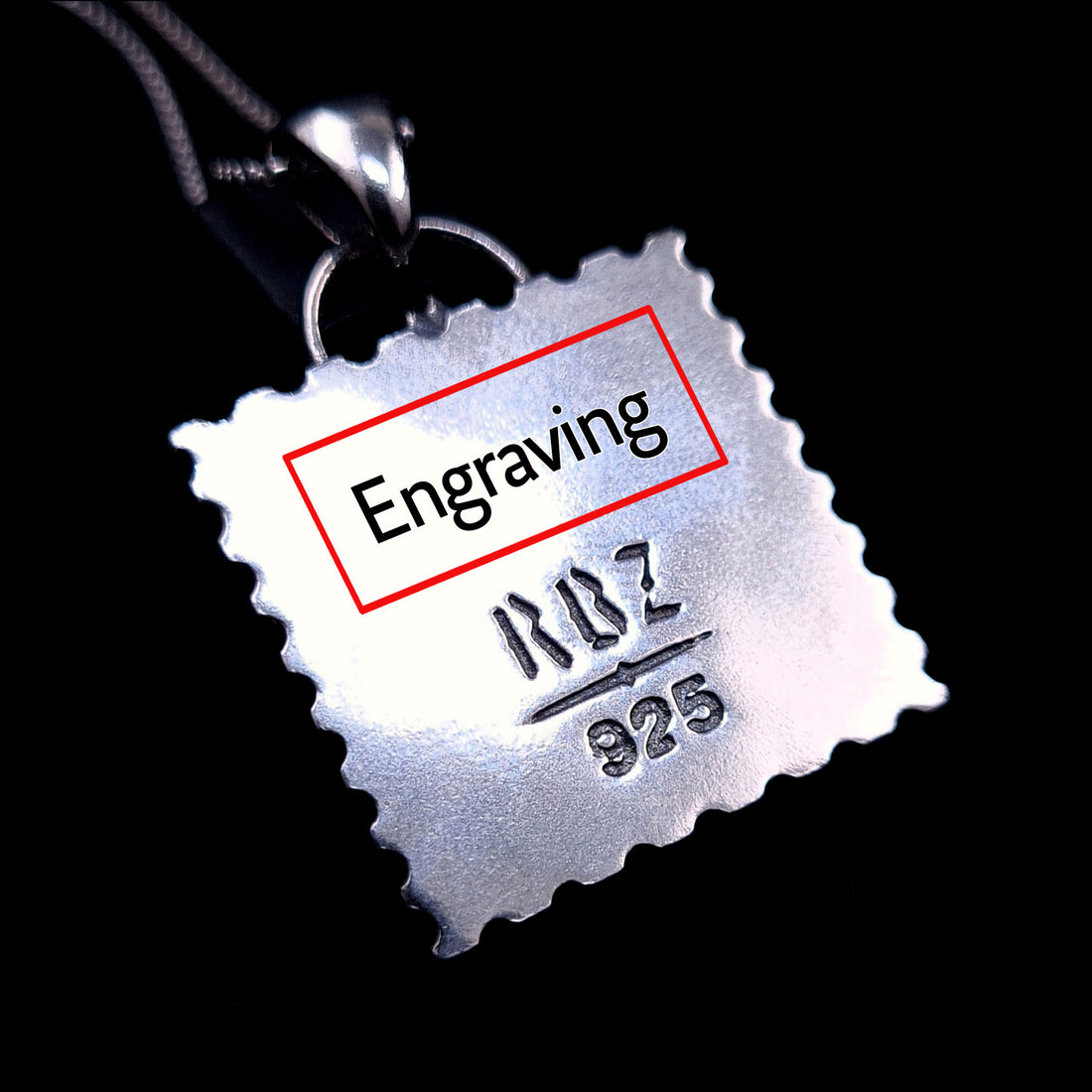 Reverse side of the Bicycle Day blotter pendant, a red square indicates the space where you can add personalized engraving