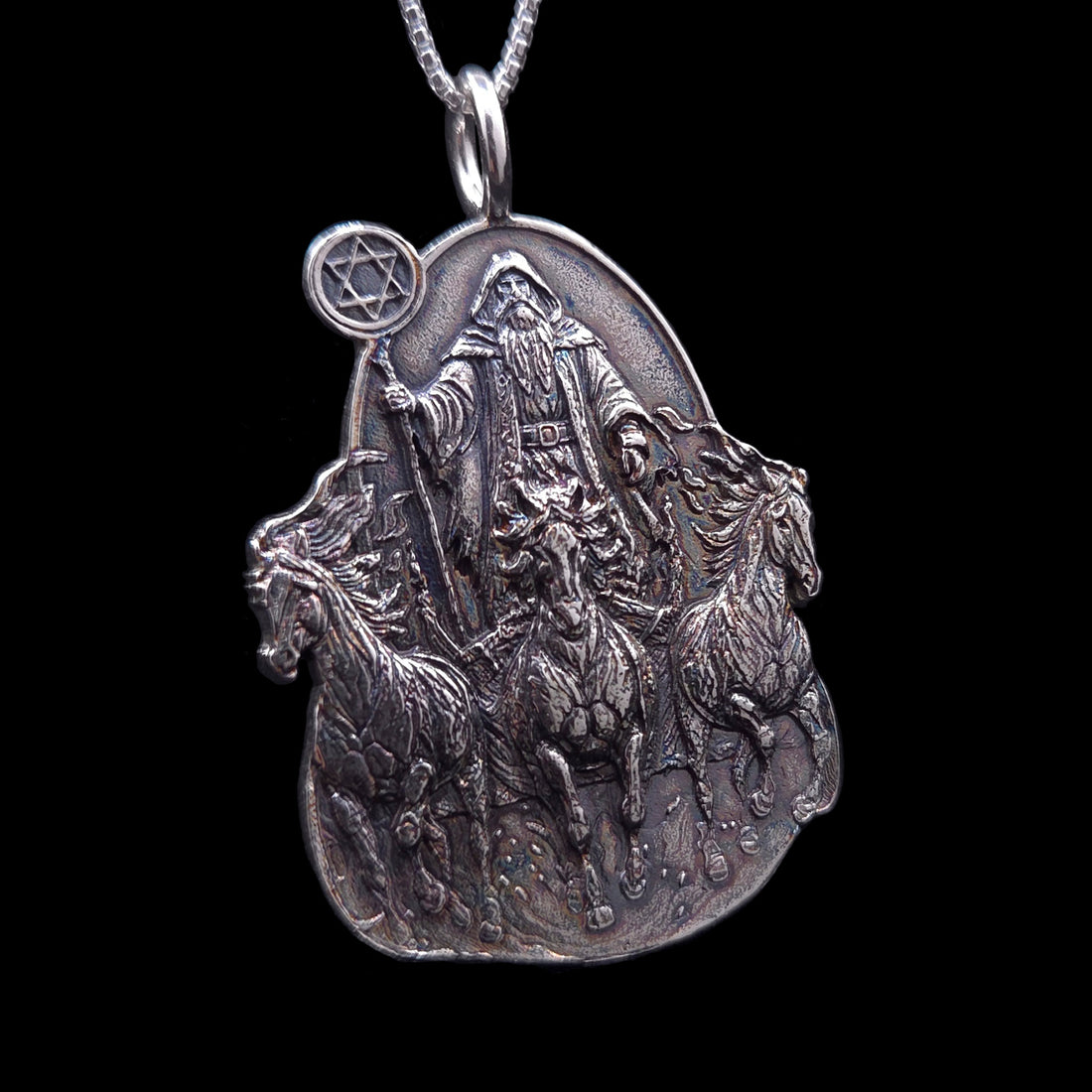 RBZ Jewelry Elijah the Prophet Gothic Judaica pendant in oxidized Sterling silver: the hooded prophet with a Star of David staff behind three horses of fire, on a box chain