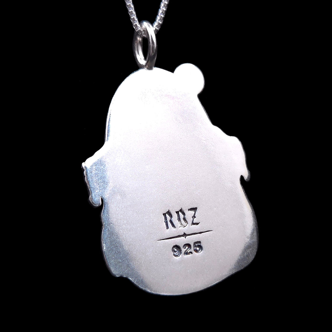 Back of the RBZ Jewelry Elijah the Prophet pendant, smooth sterling silver with RBZ 925 hallmark, on a box chain