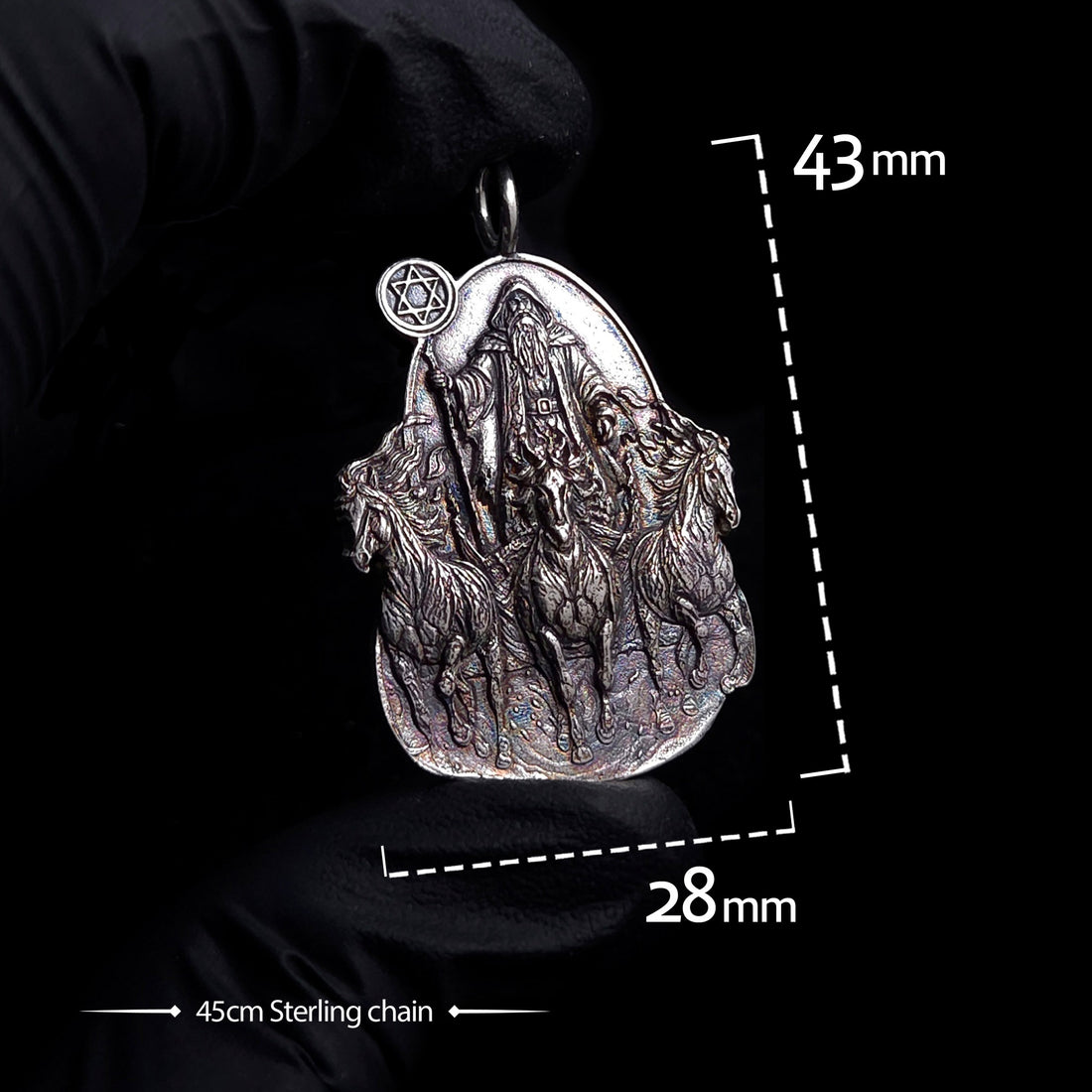 RBZ Jewelry Elijah chariot of fire pendant held in a black-gloved hand, approx 43 mm high by 28 mm wide, with a 45 cm Sterling silver chain