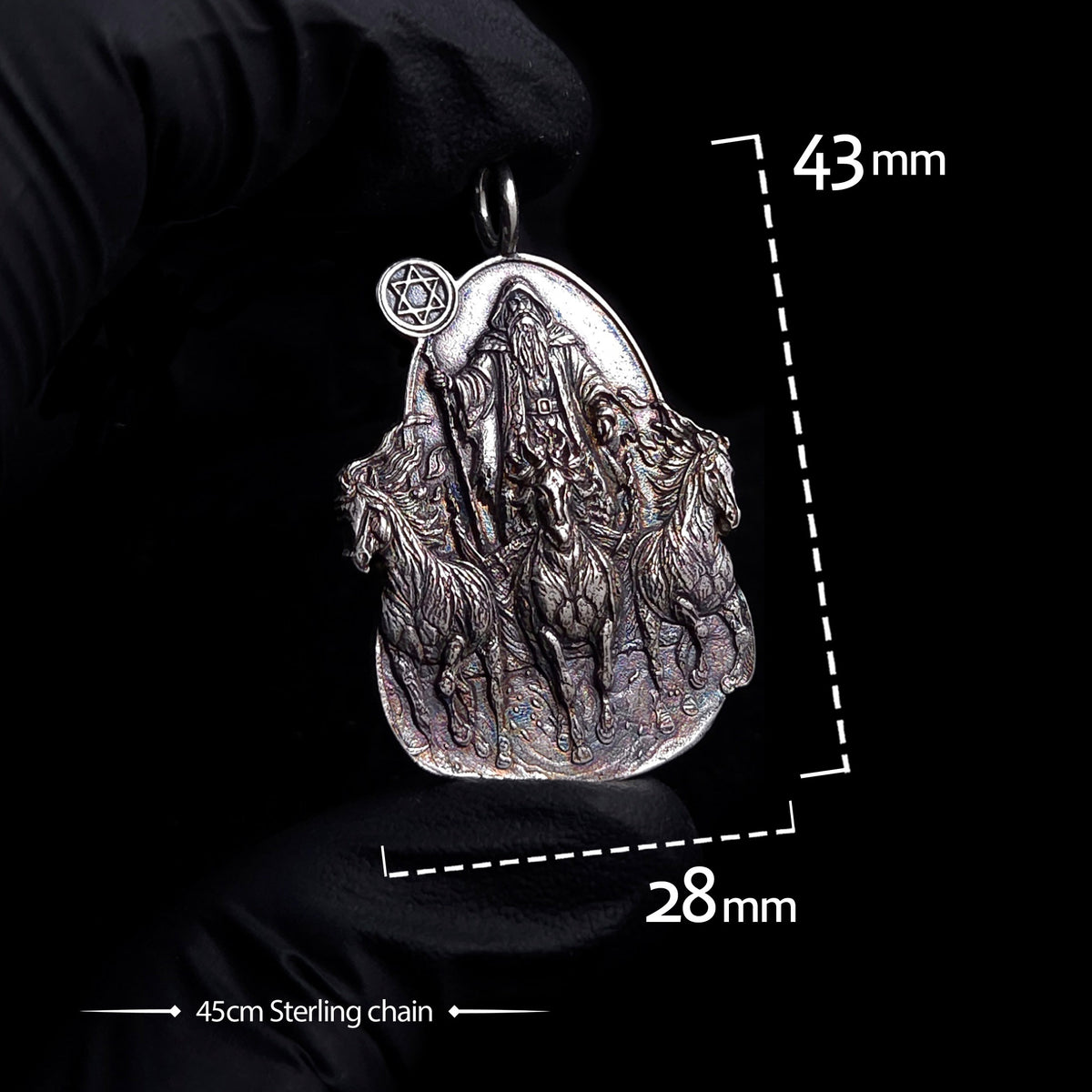 RBZ Jewelry Elijah chariot of fire pendant held in a black-gloved hand, approx 43 mm high by 28 mm wide, with a 45 cm Sterling silver chain