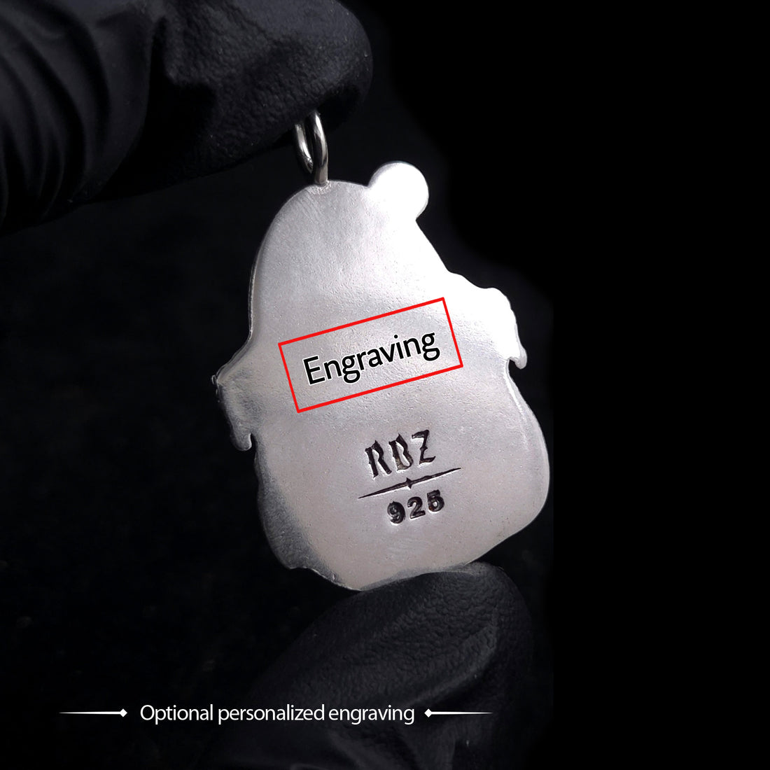 Engraving area on the back of the RBZ Jewelry Elijah pendant, marked above the RBZ 925 hallmark, for optional personalized engraving on sterling silver