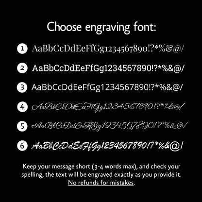 Custom engraving font selection guide for personalized jewelry. Six styles numbered: 1. Playfair Display Regular, 2. Roboto Slab Regular, 3. Open Sans Regular, 4. Ephesis Regular, 5. Parisienne Regular, 6. Brush Script MT Italic. By RBZ Jewelry.