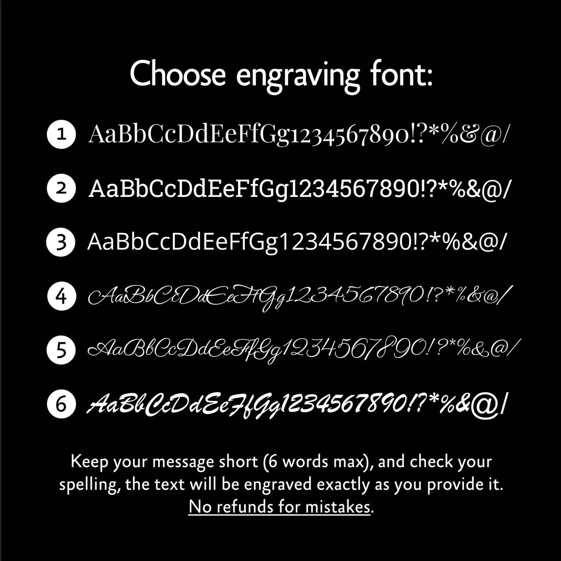 Custom engraving font selection guide for personalized jewelry. Six styles numbered: 1. Playfair Display Regular, 2. Roboto Slab Regular, 3. Open Sans Regular, 4. Ephesis Regular, 5. Parisienne Regular, 6. Brush Script MT Italic. By RBZ Jewelry.