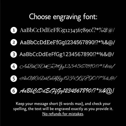 Custom engraving font selection guide for personalized jewelry. Six styles numbered: 1. Playfair Display Regular, 2. Roboto Slab Regular, 3. Open Sans Regular, 4. Ephesis Regular, 5. Parisienne Regular, 6. Brush Script MT Italic. By RBZ Jewelry.