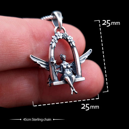 Sterling silver Flower Fairy pendant by RBZ Jewelry held in hand for scale, featuring graphic overlays indicating its 25mm by 25mm dimensions and the 45cm sterling silver chain.