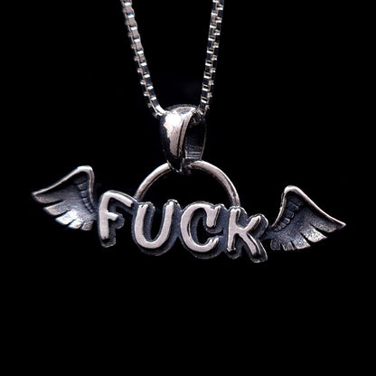 Sterling silver Flying Fuck pendant by RBZ Jewelry, featuring a winged "FUCK" design on a silver box chain.