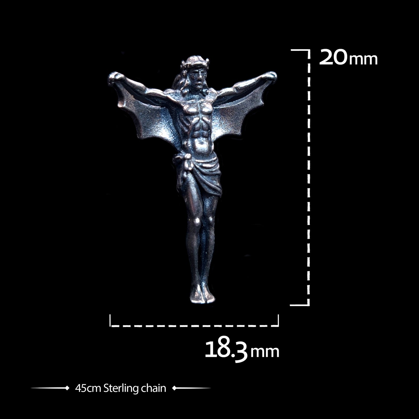 Front view of the sterling silver Bat Jesus pendant by RBZ Jewelry with dimension overlays showing a 20mm height and 18.3mm width, including a 45cm sterling chain. The image showcases the intricate gothic design and textured bat wings against a solid black background.