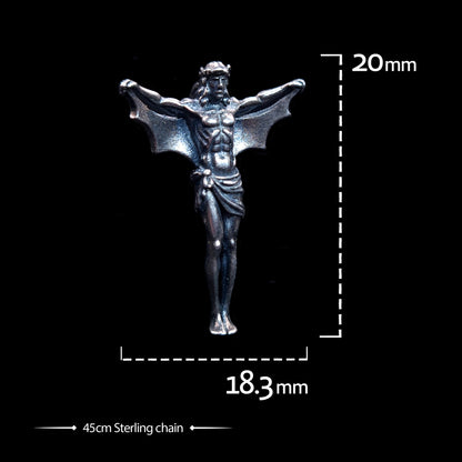 Front view of the sterling silver Bat Jesus pendant by RBZ Jewelry with dimension overlays showing a 20mm height and 18.3mm width, including a 45cm sterling chain. The image showcases the intricate gothic design and textured bat wings against a solid black background.