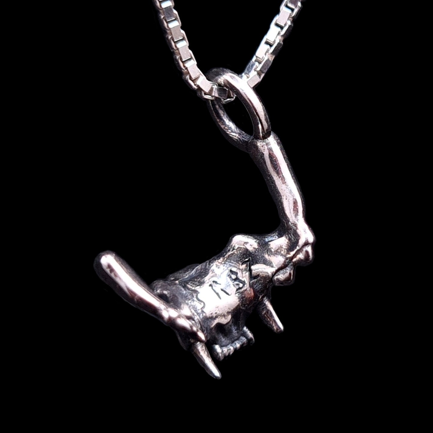 Back view of the RBZ Jewelry Sterling silver Gothic Cat Skull Jawbone pendant showcasing the RBZ logo engraving and the detailed anatomical skeletal texture on a silver chain against a black background.