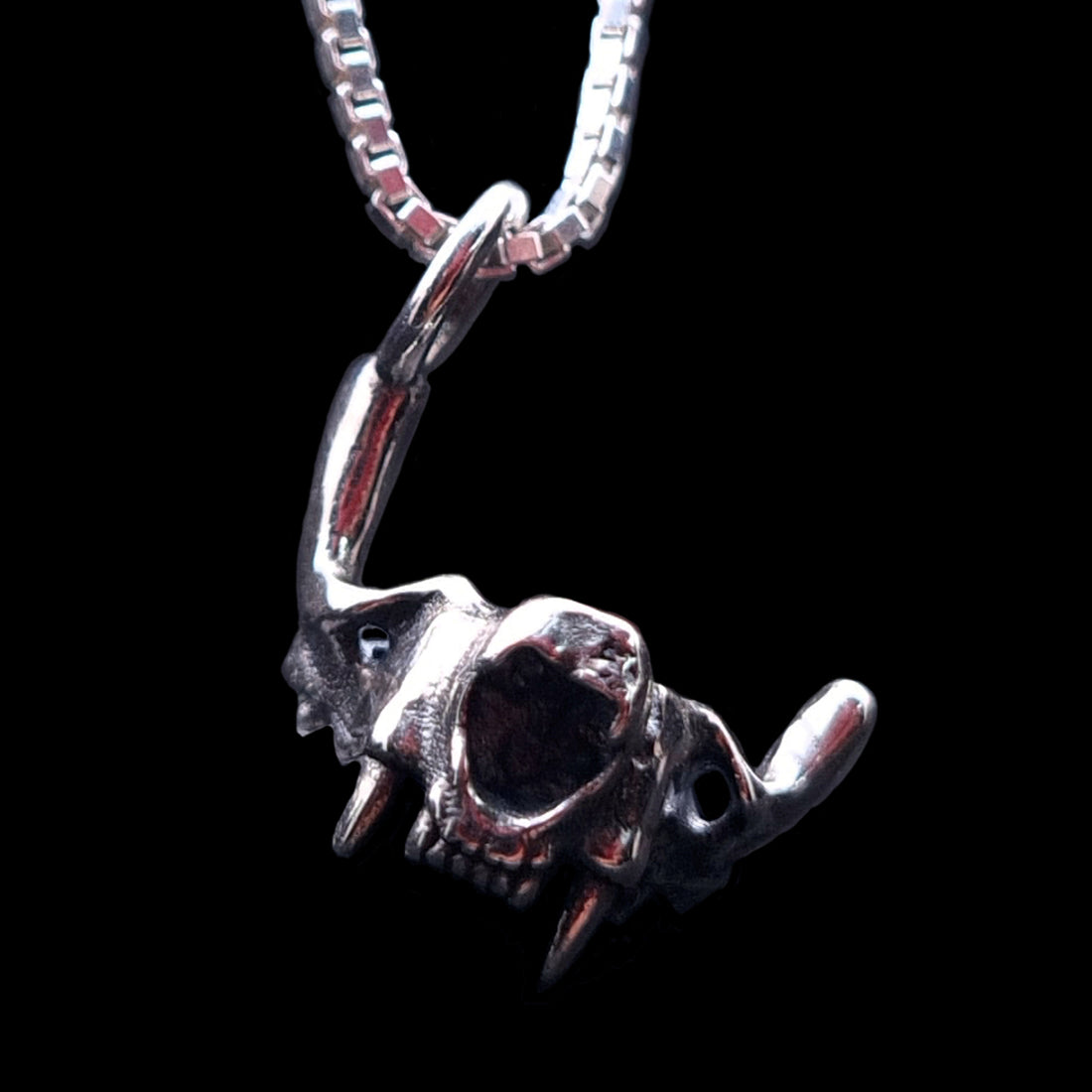 Frontal view of the RBZ Jewelry Sterling silver Gothic Cat Skull Jawbone pendant, highlighting the anatomical feline fangs and macabre skeletal detail on a silver chain against a black background.