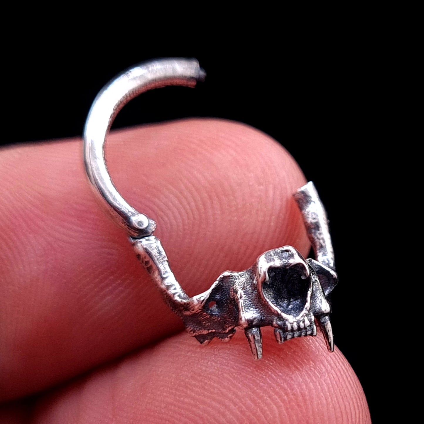 Macro shot of the RBZ Jewelry sterling silver cat skull septum ring in open clicker mode, held by hand to show the anatomical bone texture, fangs, and the functional hinge mechanism.