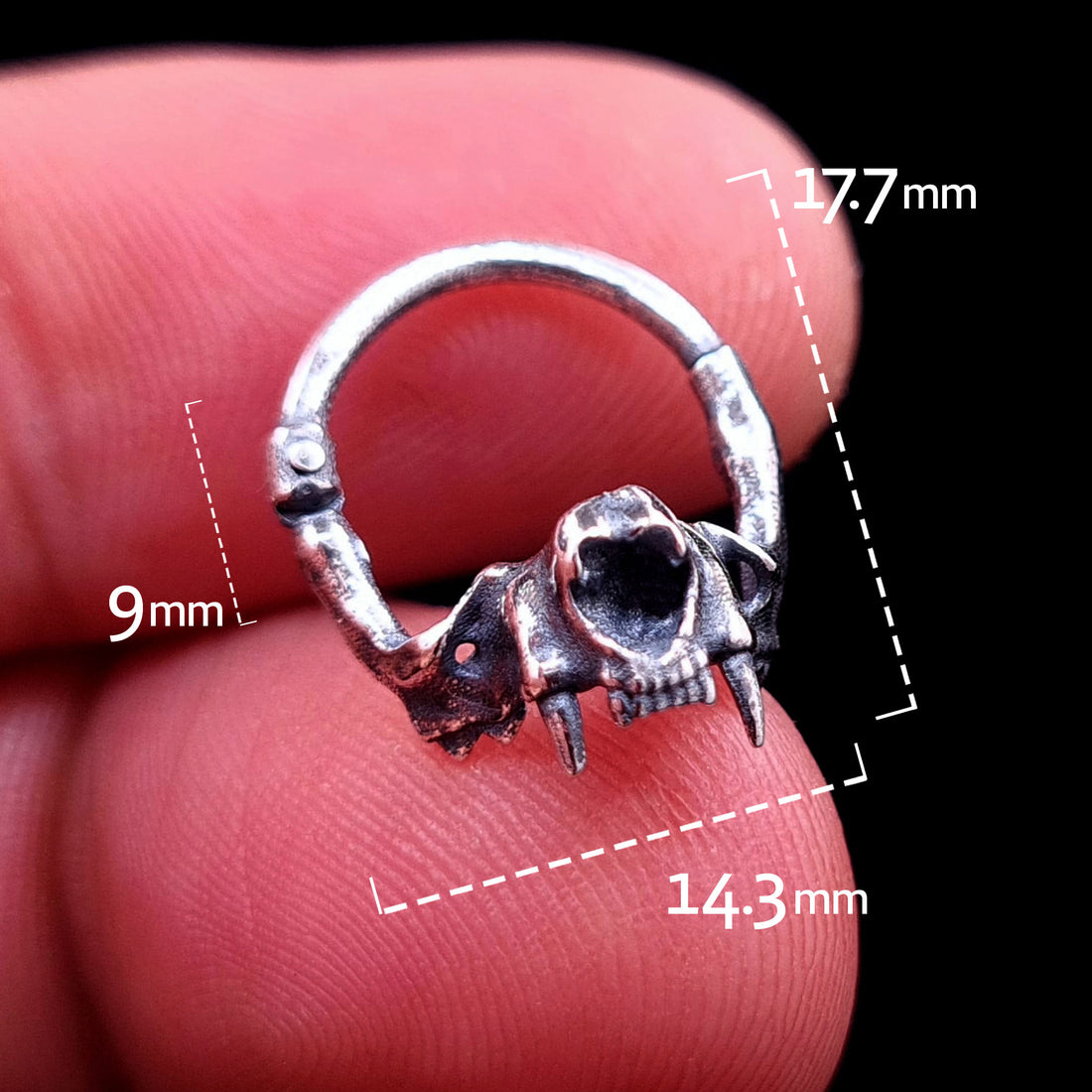 Close-up front view of the RBZ Jewelry sterling silver cat skull septum ring held between fingertips, featuring overlaid white dimension markers: 9mm inner drop, 17.7mm total height, and 14.3mm skull width, highlighting the anatomical bone texture and sharp fangs.
