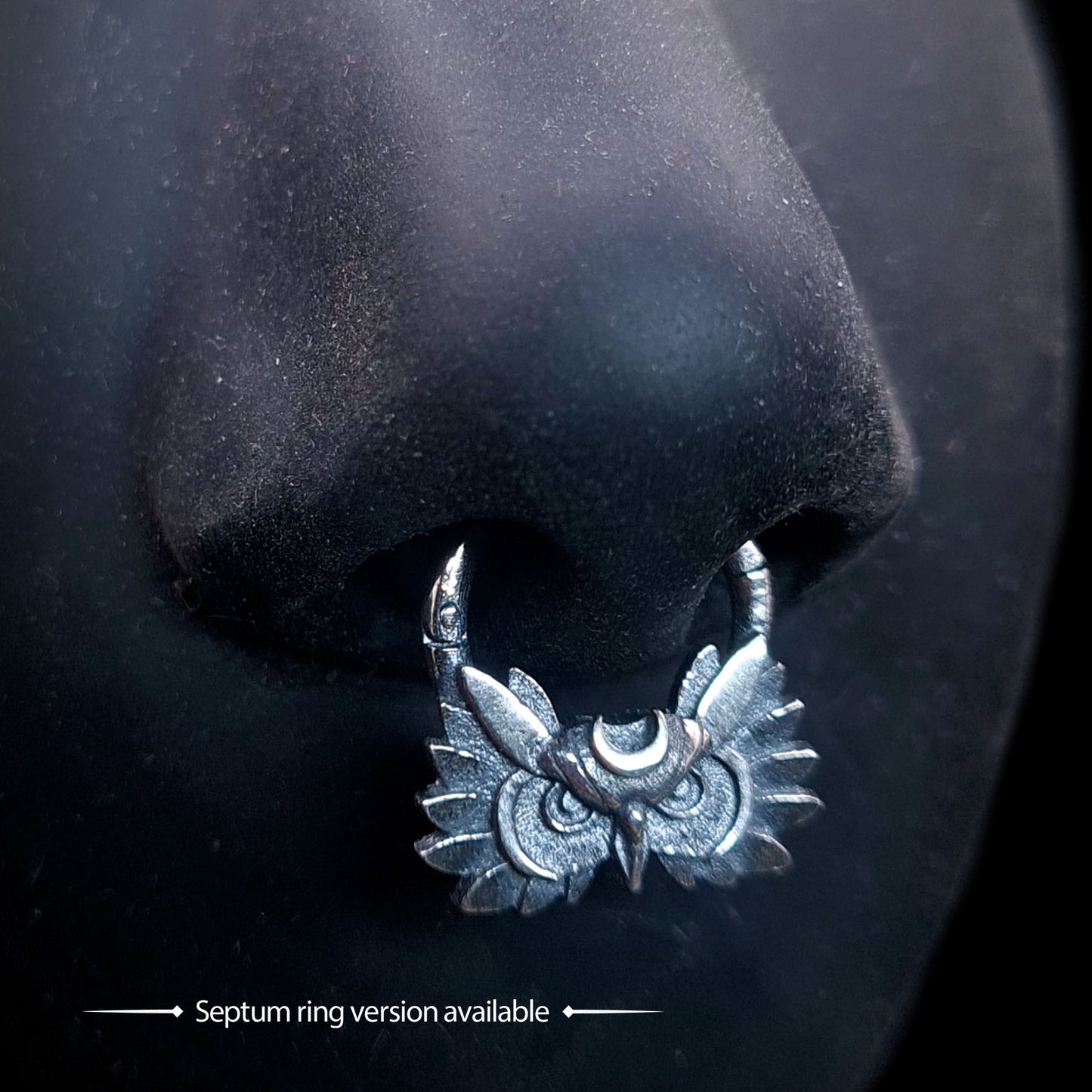 Oxidized sterling silver Gothic Moon Owl septum ring clicker by RBZ Jewelry, featuring a meticulously detailed owl face crowned with a crescent moon and dark oxidized textures, shown worn on a black mannequin nose model with a text overlay stating "Septum ring version available."