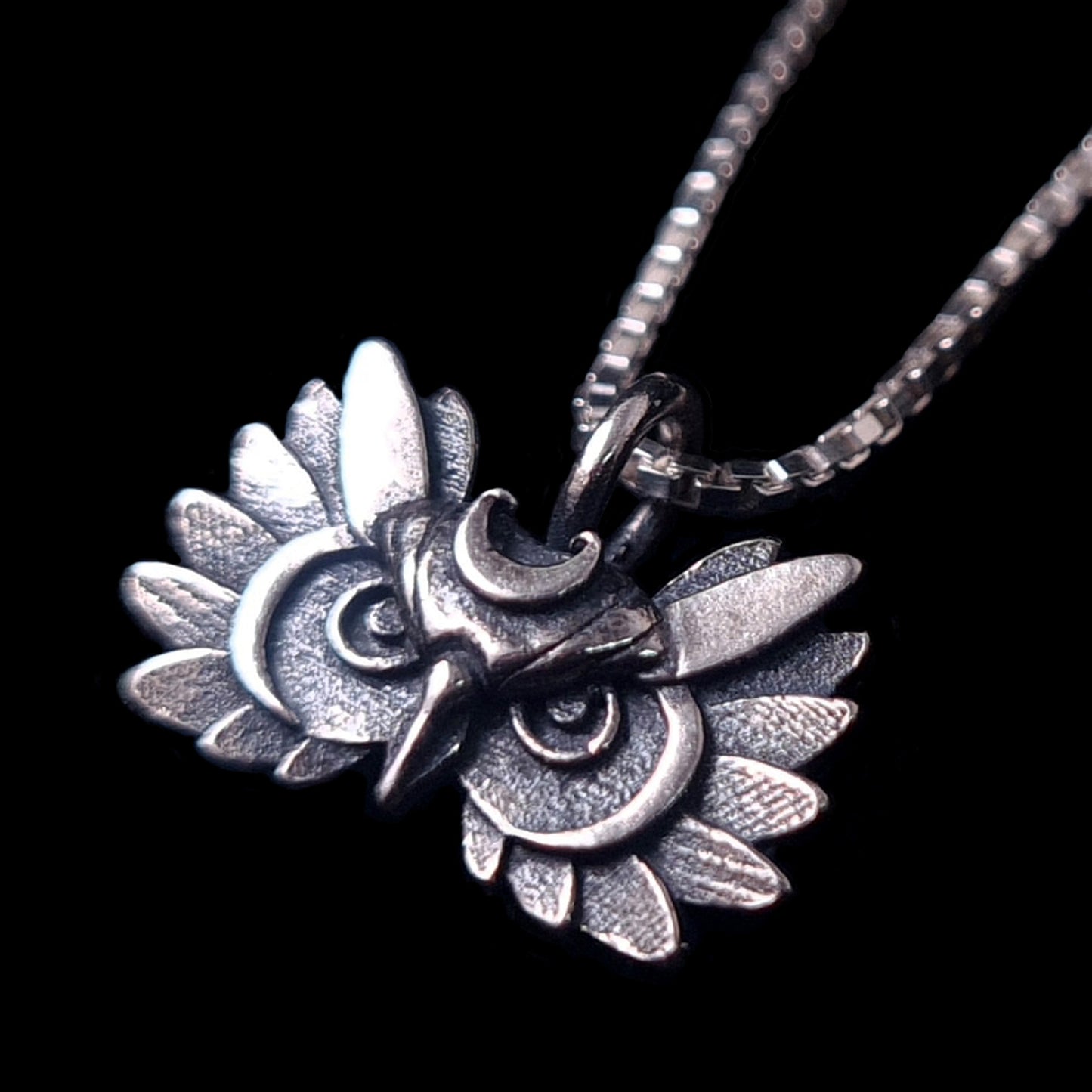 Oxidized sterling silver Gothic Moon Owl pendant by RBZ Jewelry featuring a detailed owl face with a crescent moon crown and intricate textured plumage, displayed on a silver box chain against a black background.
