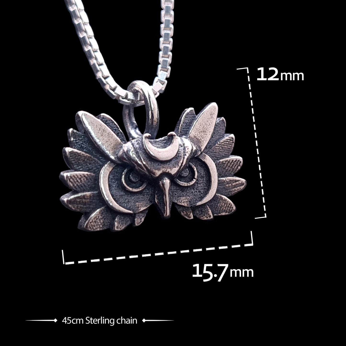 Frontal view of the sterling silver Moon Owl pendant by RBZ Jewelry, including graphic overlays indicating a height of 12mm and width of 15.7mm, suspended from a 45cm sterling silver box chain against a black background.