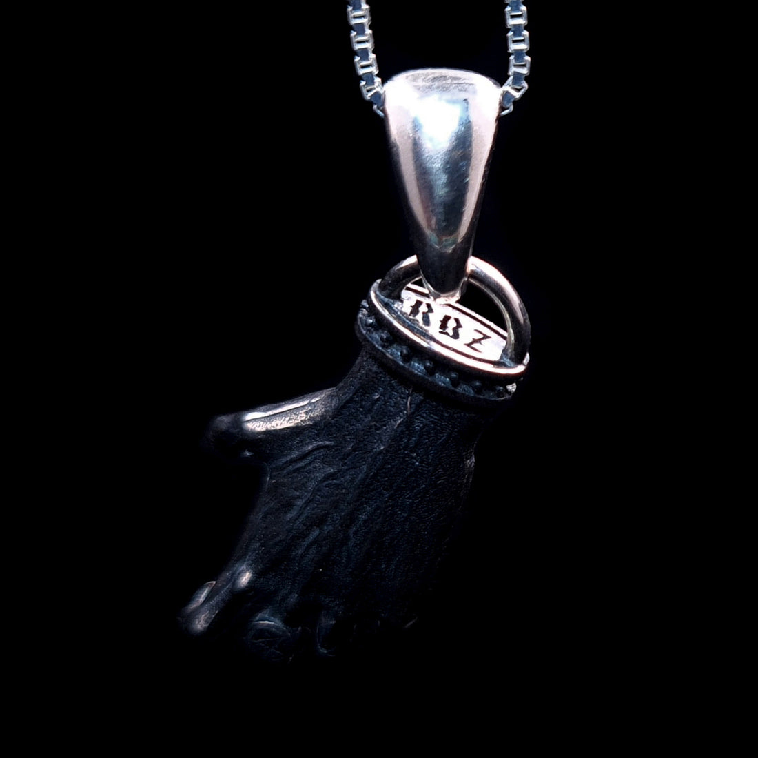 Sterling Silver Nocturnal Hamsa Pendant by RBZ Jewelry - Rear View detail highlighting the high-relief and 'RBZ' brand stamp.