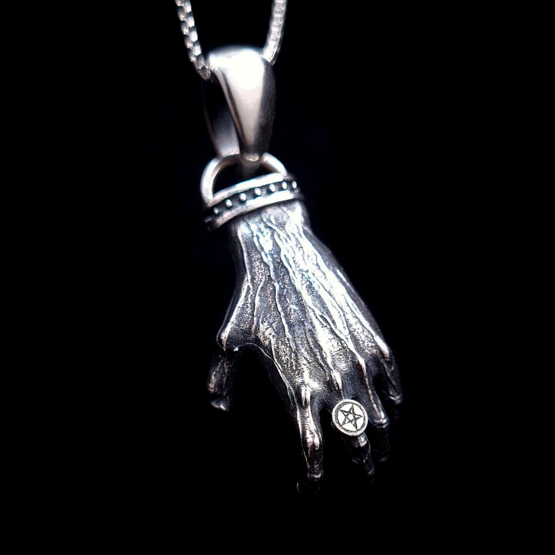 Sterling Silver 'The Nocturnal Hamsa' Pendant (Back View) by RBZ Jewelry - Rear perspective of the clawed hand design featuring a structural back and a detailed pentagram ring, perfect for horror fans.
