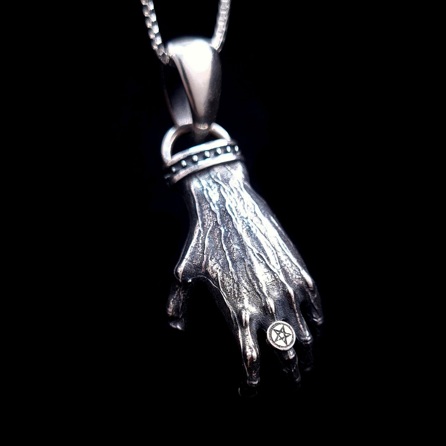 Sterling Silver 'The Nocturnal Hamsa' Pendant (Back View) by RBZ Jewelry - Rear perspective of the clawed hand design featuring a structural back and a detailed pentagram ring, perfect for horror fans.