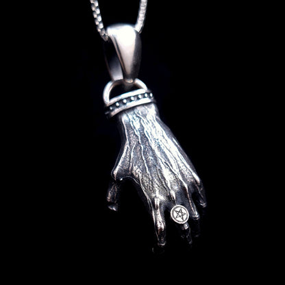 Sterling Silver 'The Nocturnal Hamsa' Pendant (Back View) by RBZ Jewelry - Rear perspective of the clawed hand design featuring a structural back and a detailed pentagram ring, perfect for horror fans.