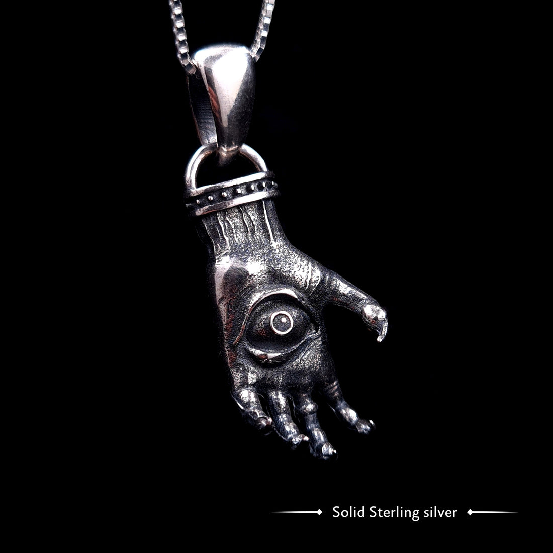 'The Nocturnal Hamsa' Solid Sterling Silver Pendant by RBZ Jewelry - Gothic clawed hand design with a central haunted eye, standard version with no gemstone inlay.