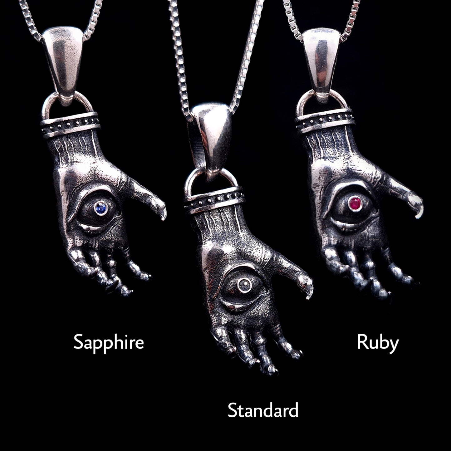 'The Nocturnal Hamsa' Sterling Silver Pendant Variations by RBZ Jewelry - Comparison view of three Gothic clawed hand designs featuring Sapphire, Standard (no stone), and Ruby gemstone options.