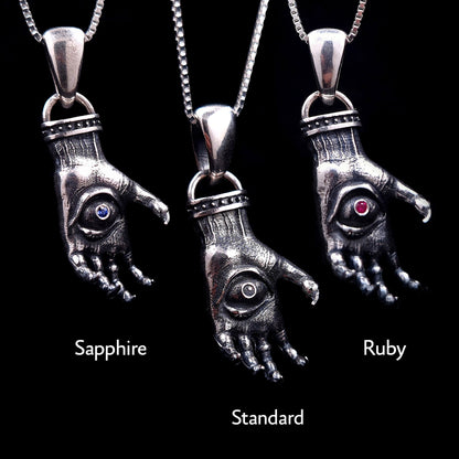 'The Nocturnal Hamsa' Sterling Silver Pendant Variations by RBZ Jewelry - Comparison view of three Gothic clawed hand designs featuring Sapphire, Standard (no stone), and Ruby gemstone options.