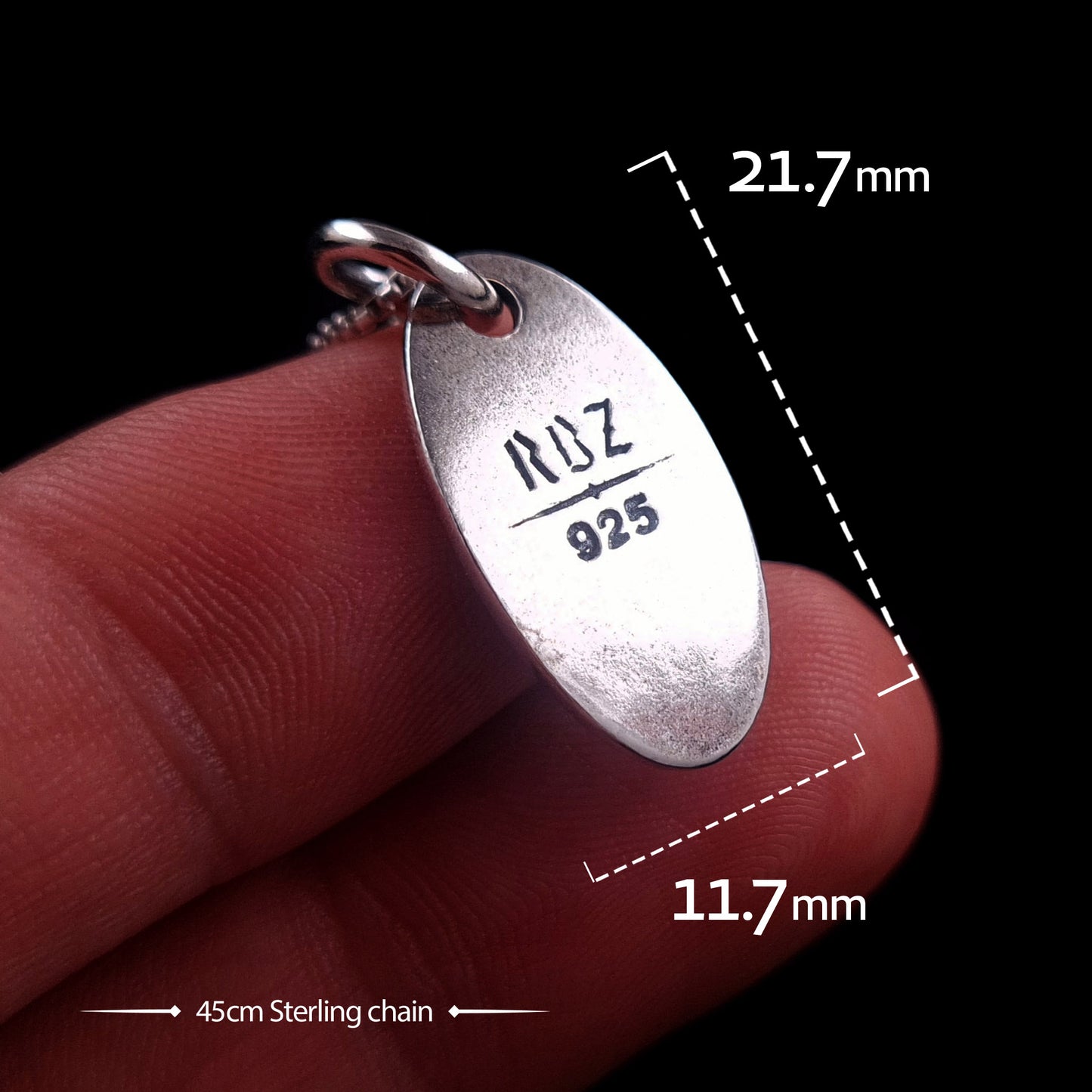 Size guide for the Hecate Goddess pendant by RBZ Jewelry, showing dimensions of 21.7mm in height and 11.7mm in width, paired with a 45cm sterling silver chain