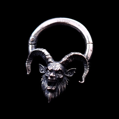 Sterling silver Horned Demon septum clicker ring by RBZ Jewelry, featuring a highly detailed, oxidized gothic demon face with an aggressive snarl and textured sweeping horns against a solid black background.