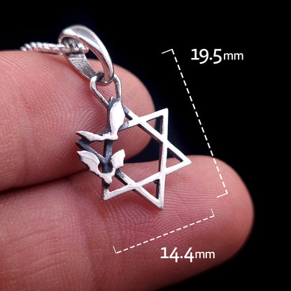 Sterling silver Bats Star of David pendant held between fingers to show scale, with dimension overlays indicating a height of 19.5mm and a width of 14.4mm, designed by RBZ Jewelry.