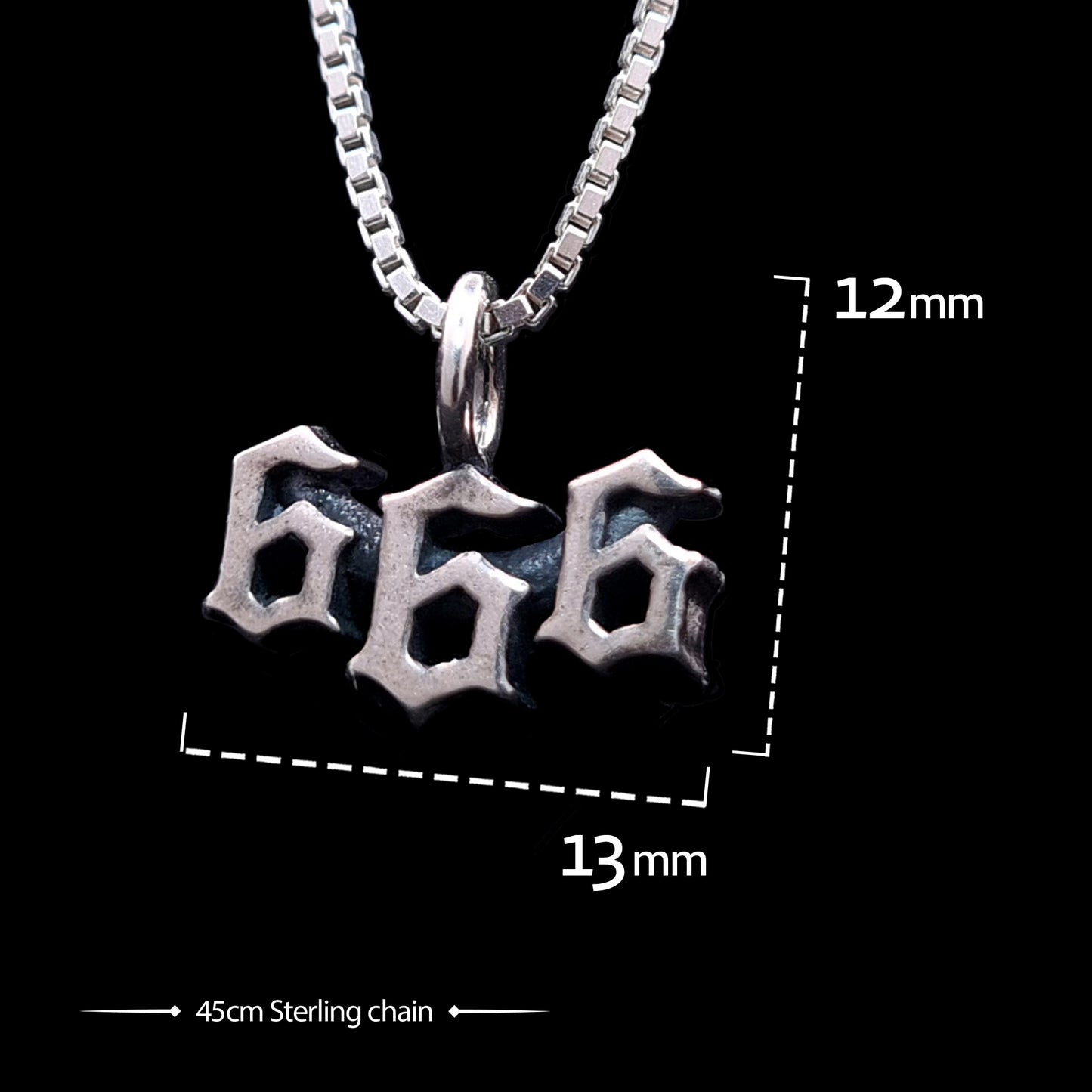 Frontal view of the Sterling silver satanic 666 Number of the Beast pendant by RBZ Jewelry with a Gothic font and oxidized finish. Graphic overlays show dimensions of 12mm in height and 13mm in width, and specify a 45cm Sterling silver chain.
