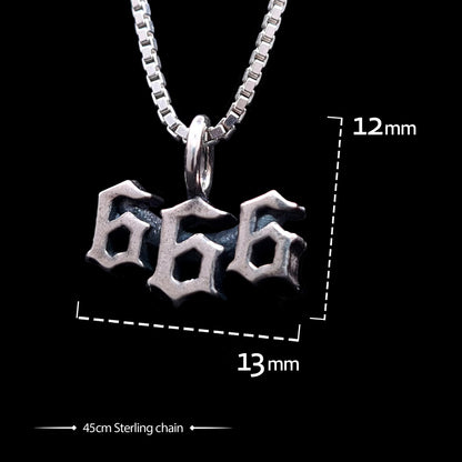 Frontal view of the Sterling silver satanic 666 Number of the Beast pendant by RBZ Jewelry with a Gothic font and oxidized finish. Graphic overlays show dimensions of 12mm in height and 13mm in width, and specify a 45cm Sterling silver chain.