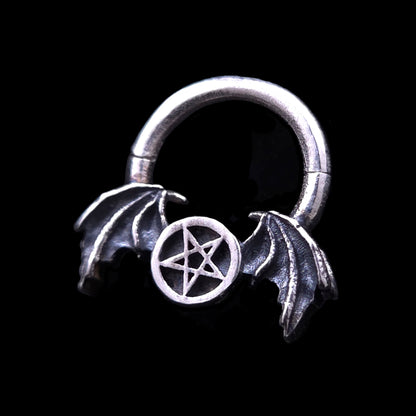 Gothic 925 sterling silver septum clicker ring by RBZ Jewelry, featuring an intricately detailed pentagram flanked by oxidized demon bat wings.