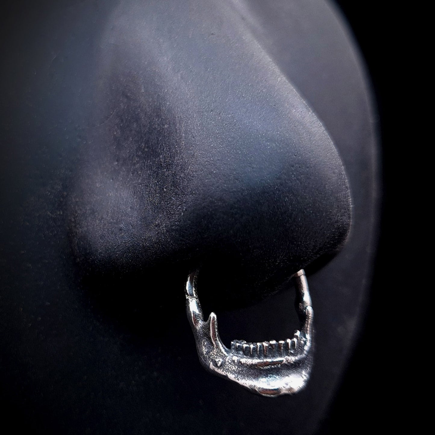 Sterling silver Reaped Mandible clicker septum ring by RBZ Jewelry worn on a life-size black silicone nose model to demonstrate fit, featuring the detailed anatomical skull jaw design hanging below the septum.