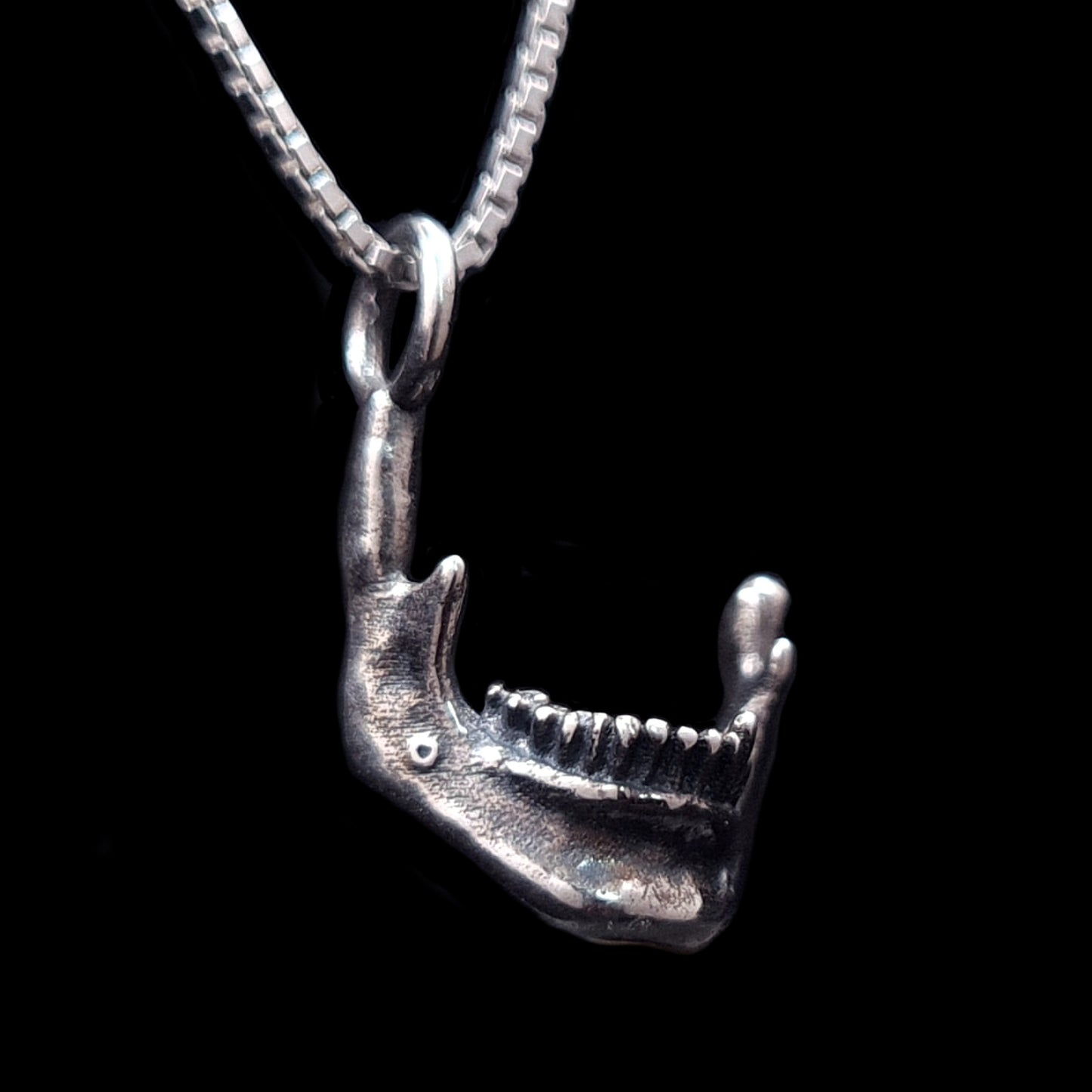 Handcrafted sterling silver anatomical skull jaw pendant by RBZ Jewelry, featuring a detailed gothic mandible design in profile facing right, shown on a silver chain against a black background.