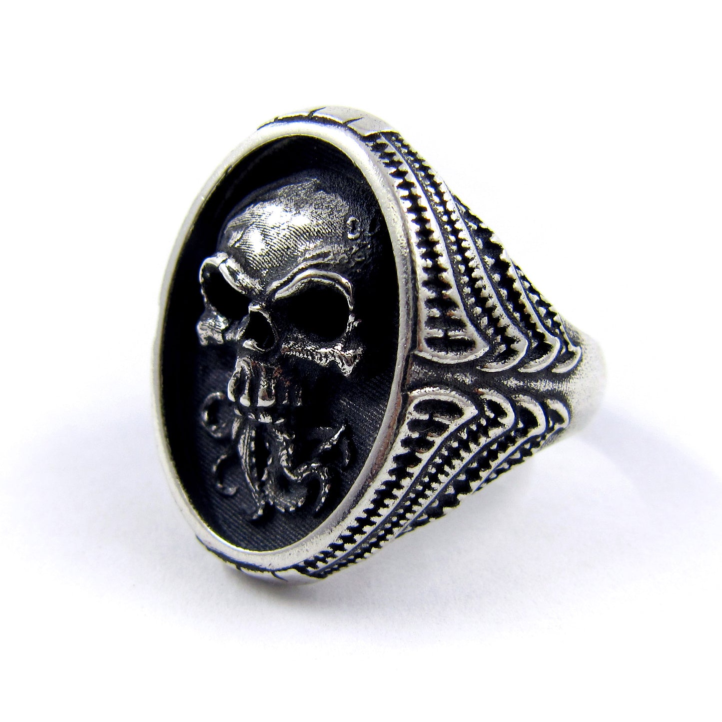 RBZ Jewelry Sterling Silver Tentacle Skull Signet Ring on a white background, showcasing the side profile with high-relief skull detailing and intricate bio-organic textured carvings on the band.