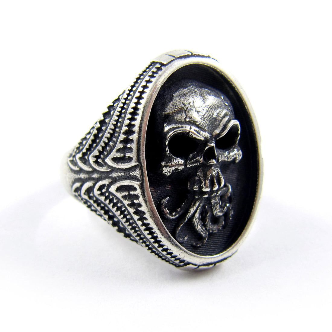 RBZ Jewelry Sterling Silver Tentacle Skull Signet Ring on a white background, showing the front-angled view of the high-relief skull, Cthulhu-inspired tentacles, and intricate bio-organic band details.