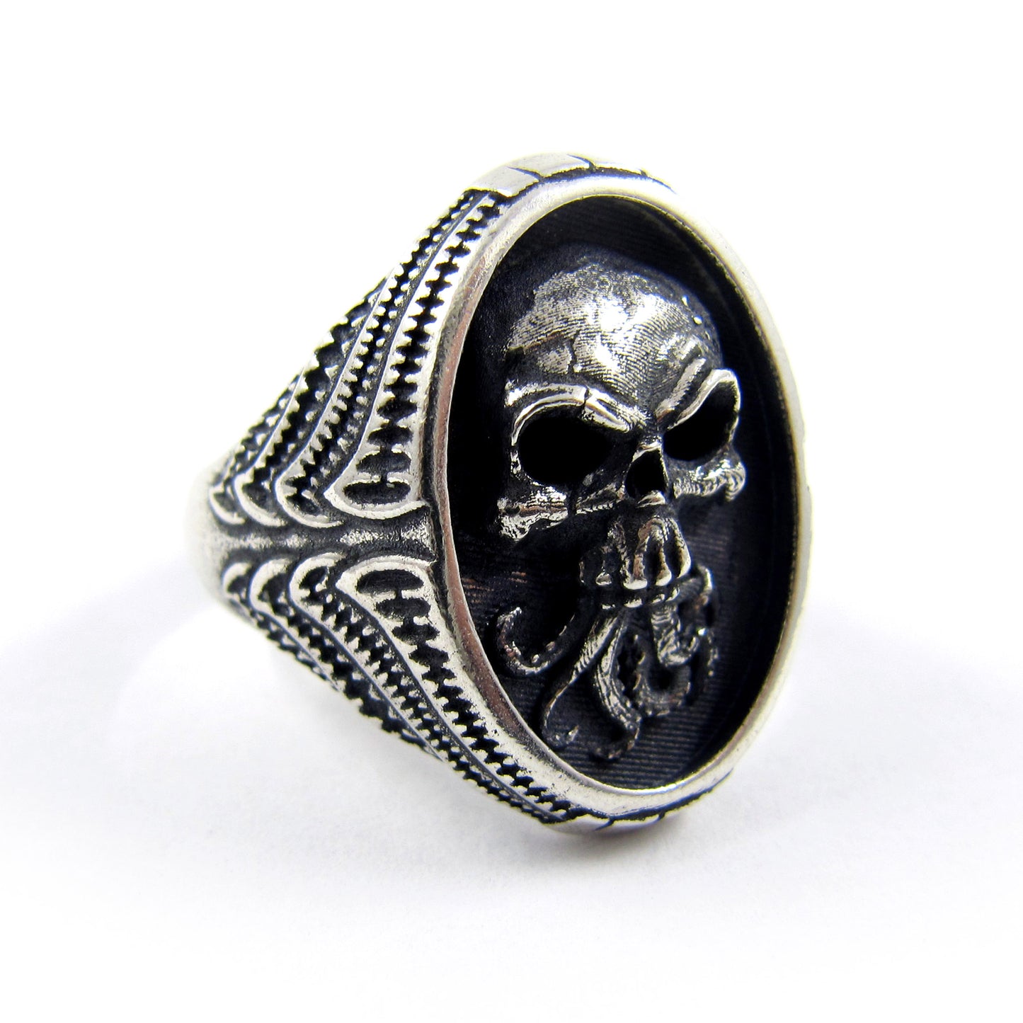 RBZ Jewelry Sterling Silver Tentacle Skull Signet Ring on a white background, showing the front-angled view of the high-relief skull, Cthulhu-inspired tentacles, and intricate bio-organic band details.