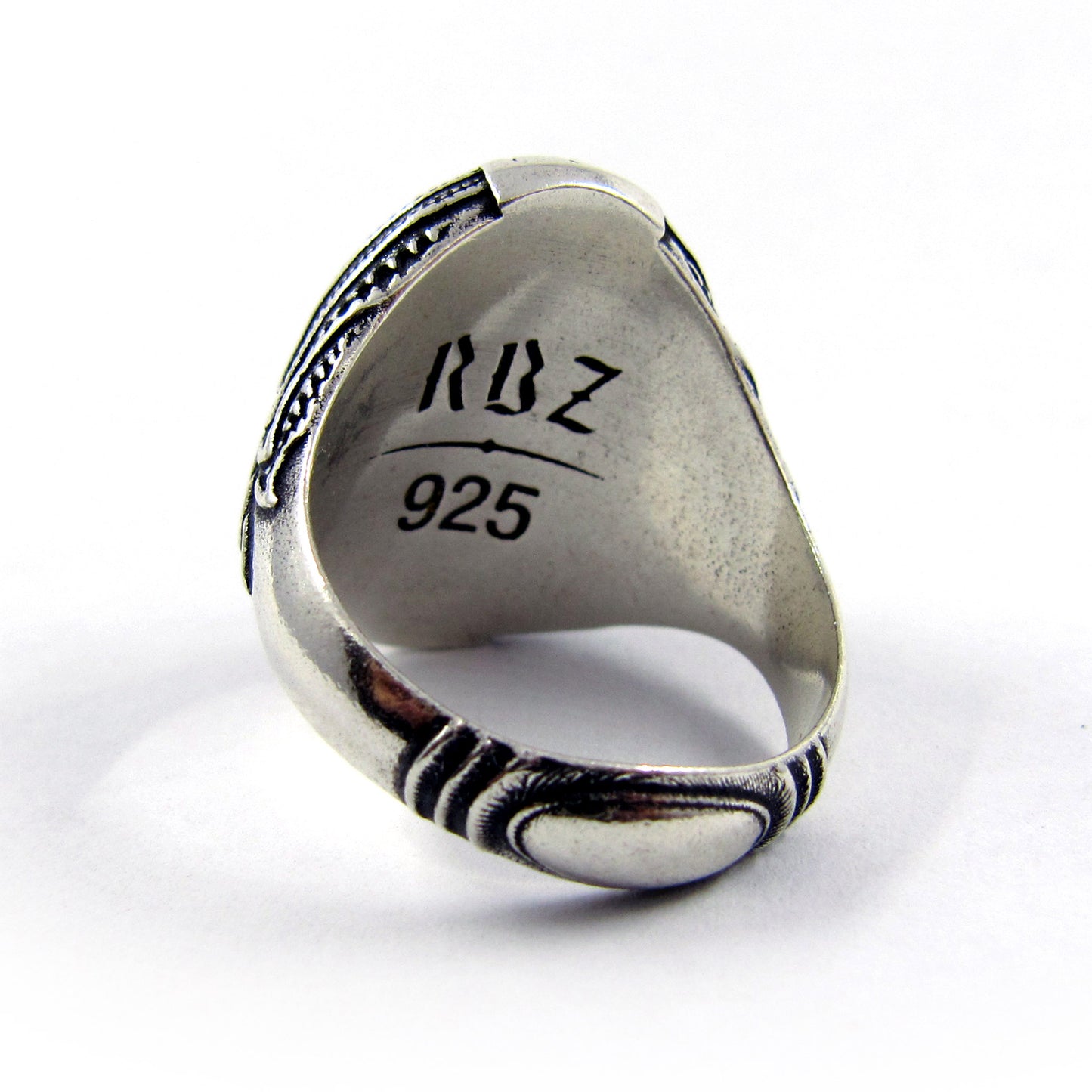 RBZ Jewelry Sterling Silver Tentacle Skull Signet Ring inner view on a white background, showing the official RBZ brand logo and 925 sterling silver hallmark engraving, the bottom bar knocker is visible.