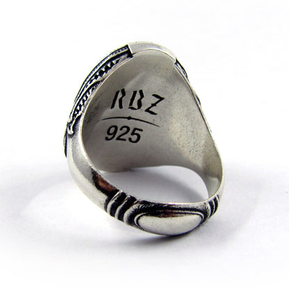 RBZ Jewelry Sterling Silver Tentacle Skull Signet Ring inner view on a white background, showing the official RBZ brand logo and 925 sterling silver hallmark engraving, the bottom bar knocker is visible.