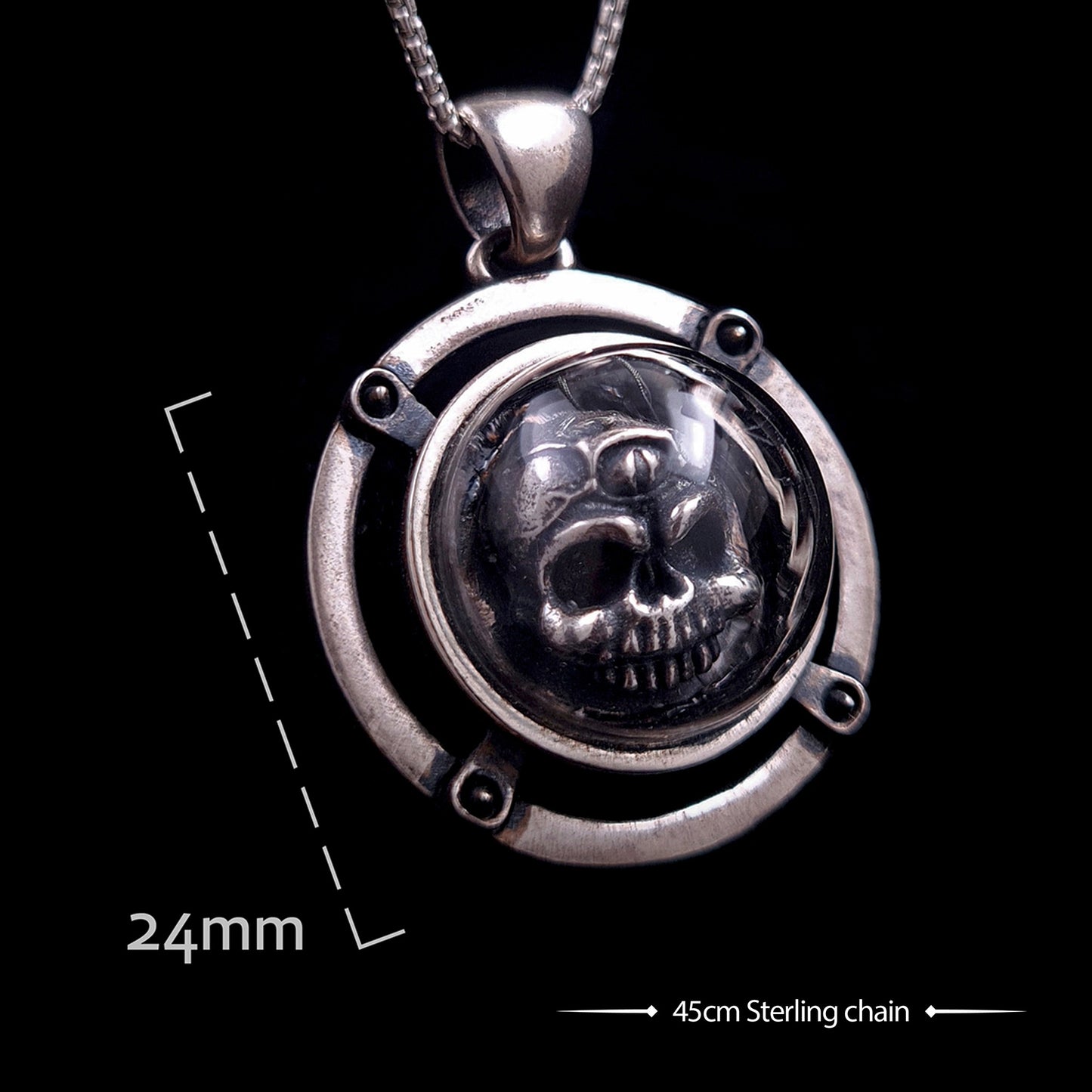 Dimensions and specifications for the RBZ Jewelry sterling silver Third-eye Skull pendant, indicating a 24mm diameter for the glass-domed skull housing and an accompanying 45cm sterling silver chain.