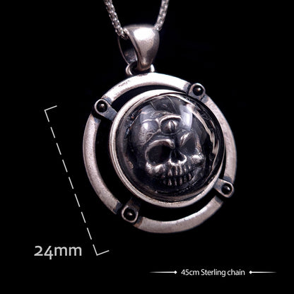 Dimensions and specifications for the RBZ Jewelry sterling silver Third-eye Skull pendant, indicating a 24mm diameter for the glass-domed skull housing and an accompanying 45cm sterling silver chain.