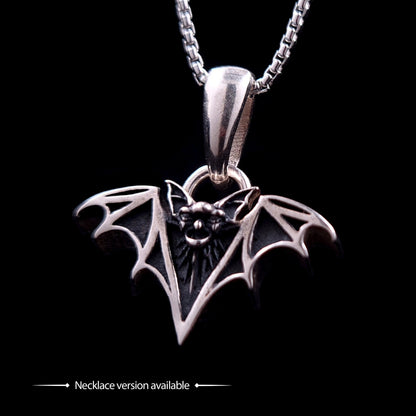 Sterling silver Gothic vampire bat pendant necklace by RBZ Jewelry, featuring the detailed oxidized bat design on a silver chain against a black background, with "Necklace version available" text.
