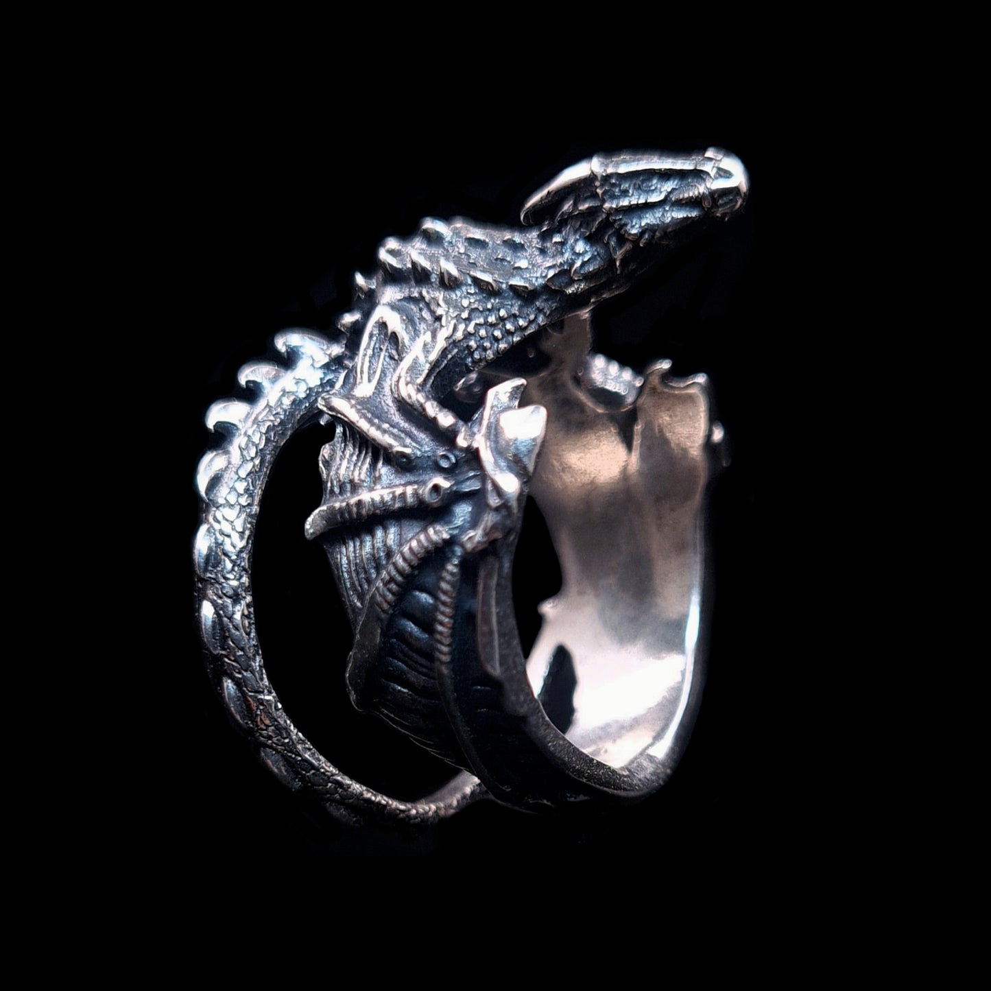 Gothic sterling silver dragon ring by RBZ Jewelry, featuring an intricate wrapped tail band, highly detailed oxidized scales, and sculpted webbed wings against a black background.
